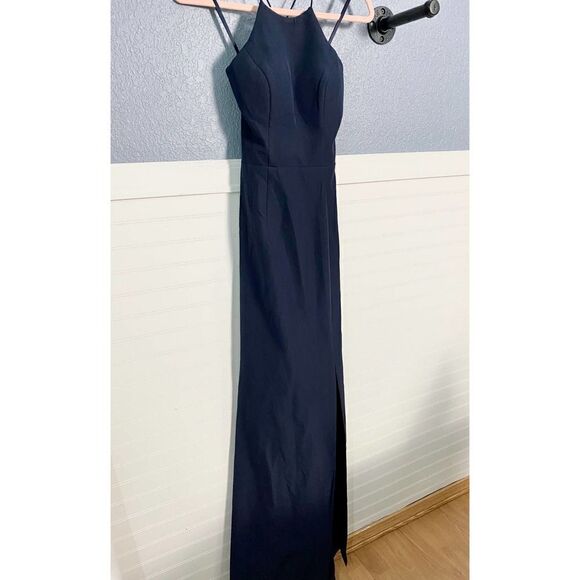 Bariano Navy Blue High-Neck Cross-Back Gown - Picture 4 of 10